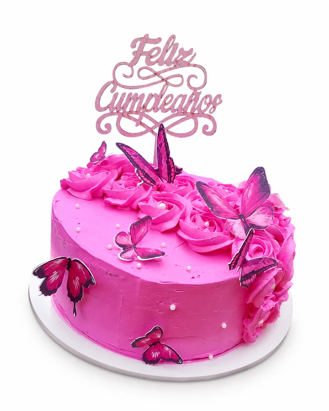 Torta fucsia con rosas de crema, mariposas de papel, perlitas y topper de «Feliz Cumpleaños».