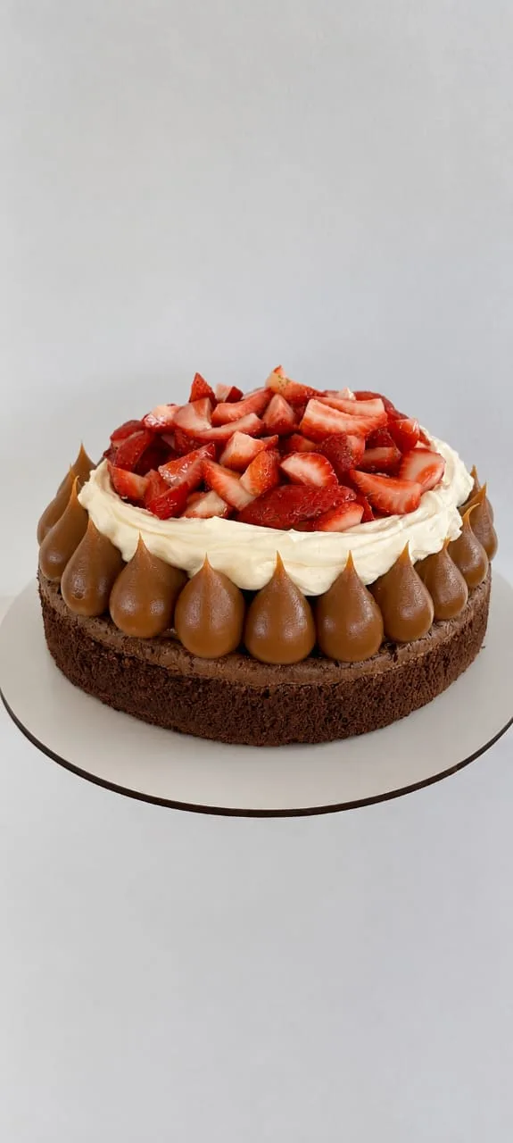 Torta brownie con dulce de leche y frutillas